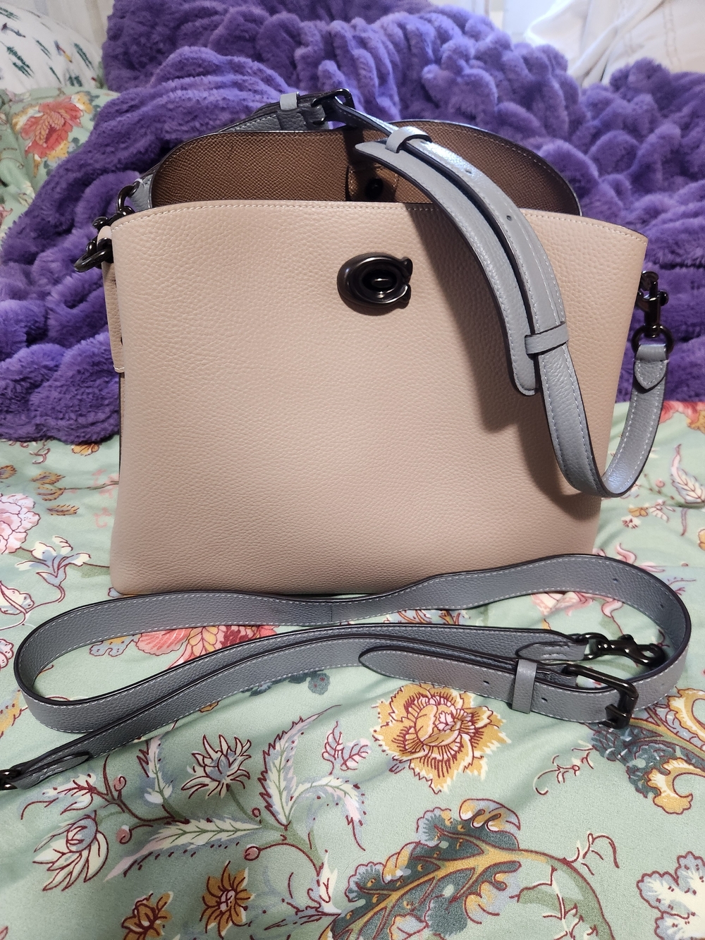 Coach Two-Tone Pebbled Leather Crossbody - Cream and Light Gray